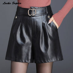 1pcs High waist Women's Plus size leather shorts 2020 Autumn New Fashion PU leather Faux Big pocket shorts Ladies loose shorts