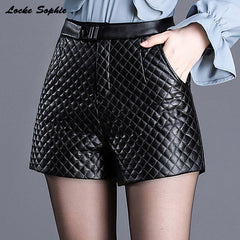1pcs High waist shorts Women's leather shorts Spring New Fashion faux fur PU leathe plaid Ladies Skinny Leatherwear shorts