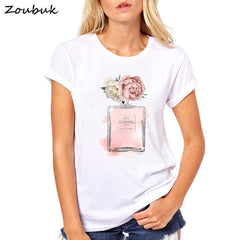 2018 Summer Tops Women Flower Perfume t shirt camisetas mujer Fashion Ladies O-neck Short Sleeve tops White high quality t-shirt