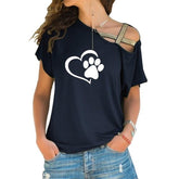 2018 T-shirt Women Fashion Dog Cat Paw Heart Plus Size Tshirt Tops Punk Harajuku Cross-shoulder Irregular Short-sleeved T-shirt