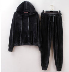 2018 Winter New Black Velvet Tracksuit 2 Piece Set Women Hooded Gray Long Sleeve Top Pants Sporting Suit Runway Fashion S89607F
