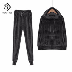 2018 Winter New Black Velvet Tracksuit 2 Piece Set Women Hooded Gray Long Sleeve Top Pants Sporting Suit Runway Fashion S89607F