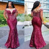 2019 Aso Ebi Arabic Burgundy Sparkly Sequins Evening Dress Sheer Neck Beads Mermaid Prom Dresses Tassel Plus Size robe de soiree