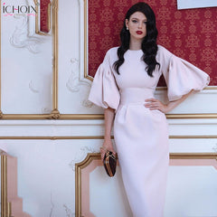 2019 Autumn Long Dress Women Puff Sleeve Female Elegant Evening Party Maxi Dress Pink Red Lady Office Bodycon Long Dress Vestido