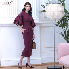 2019 Autumn Long Dress Women Puff Sleeve Female Elegant Evening Party Maxi Dress Pink Red Lady Office Bodycon Long Dress Vestido