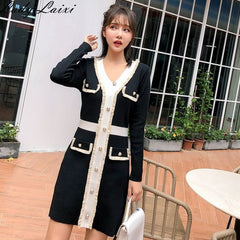 2019 Autumn Winter V-Neck Single Breasted Color Patchwork Knitting Sweater dress Mini Bodycon Tassel pencil Dresses Vestidos