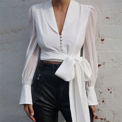 2019 Autumn Women Chiffon Blouse Shirt Lace Up Long Sleeve Solid White Ladies Blouse For Women Female