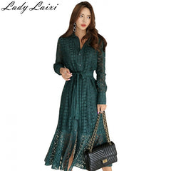 2019 Autumn Women Long Sleeve Lace Dress Beach Vintage Maxi solid Hollow out Dresses Boho Casual Belt Dress Robe Femme