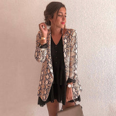 2019 Chic Women Snake Print Blazer Notched Collar Long Sleeve Coat Female Outerwear Women Suit Top OL Jacket Female Thin Coat