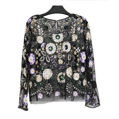 2019 Female Fashion Tops Sexy Party Beaded Sequin Blouses European Runway Style Long Sleeves Shiny Shirts Halloween Costumes