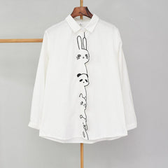 2019 NEW White Shirt Casual Wear Button Up Turn Down Collar Long Sleeve Cotton Blouse Embroidery Cartoon Feminina HOT Sale
