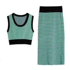 2019 New High Quality Summer Fashion Runway Geometric Knitted 2 Piece Set Women Sleeveless Vest+High Waist Pencil Skirt Suit Set
