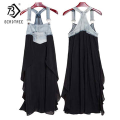 2019 New Summer Women Plus Size Square Collar Elegant Pocket Patchwork Strap Loose Casual Chiffon Jeans Black Dresses D93227X