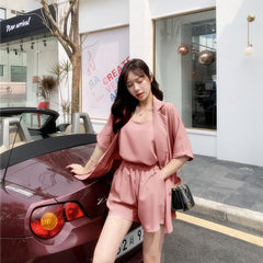 2019 New Women's sets Spring Summer 3 Pieces Suits Blazers+Camisole+Shorts Casual Solid Jackets+Shorts Women Suits Elastic Wasit