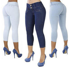 2019 Plus Size Women Sexy Casual Cropped Pants Solid Color Button Fly Waist Slim Trousers Breathable Elastic Pencil Pants