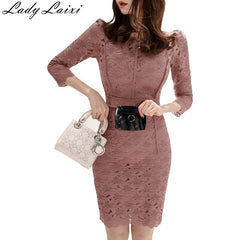 2019 Spring NEW Elegant hollow out Lace Dress Women slim Sheath Bodycon pencil Dresses 3/4 sleeve office Work Vestidos
