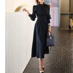 2019 Spring Solid A-line Dress Women Plus Size Navy Blue Full puff Sleeve Stand neck Casual Office Dress Elegant Work Dresses