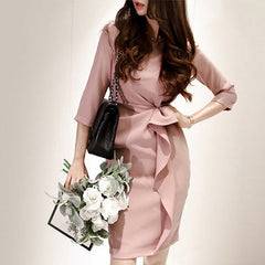 2019 Spring Solid Bandage Ruched Draped Pencil Dress Casual Sweet Mini Dresses OL Ruffles Sheath Bodycon work Vestidos