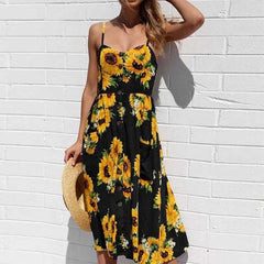 2019 Summer Beach Dress Woman Dress Plus Size Women Midi Floral Sunflower Dress Striped Ladies Backless Party Dress Female 3XL