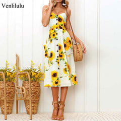 2019 Summer Beach Dress Woman Dress Plus Size Women Midi Floral Sunflower Dress Striped Ladies Backless Party Dress Female 3XL