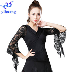 2019 Summer New Women Waltz Ballroom Dance Tops Modern Standard Tango Latin Dancewear Party Performance Blouses Lace Bell Sleeve