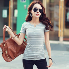 2019 Summer Top Shirts V-neck T Shirt Women Short Sleeve Casual tshirts White Strip T-Shirt Plus Size Cotton Tee Shirt 3188 50