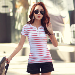 2019 Summer Top Shirts V-neck T Shirt Women Short Sleeve Casual tshirts White Strip T-Shirt Plus Size Cotton Tee Shirt 3188 50
