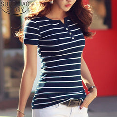 2019 Summer Top Shirts V-neck T Shirt Women Short Sleeve Casual tshirts White Strip T-Shirt Plus Size Cotton Tee Shirt 3188 50