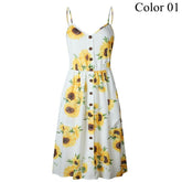 2019 Summer Women Button Decorated Print Dress Off-shoulder Party Beach Sundress Boho Spaghetti Long Dresses Plus Size FICUSRONG
