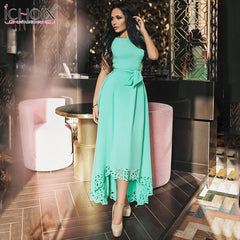 2019 Summer Women Dresses Maxi Short Sleeve Women Clothing O-neck Hollow Out Vintage Dress Sashes long party dress Fashion Solid
