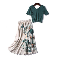 2019 Summer Women elegant knit sweater green slim pullovers Top + A-line floral print skirts suit female two piece set