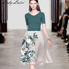 2019 Summer Women elegant knit sweater green slim pullovers Top + A-line floral print skirts suit female two piece set