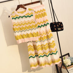 2019 Summer Women's Colorful Wave Striped Knitted Suit Sleeveless Sweater Vest Crop Top + Long Skirt Twinest Two-piece Suit Set