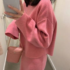 2019 Women Long Sleeve Pullover Sweater And Bodycon Skirt Two Piece Set Office Wear Knitted Outfits Sweater Skirt Suit Pullover