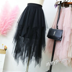 2019 Women Pink Skirt fashion Casual women's Irregular Tulle High Waist Pleated Tutu Ladies Midi Skirt fairy Plus Size Skirts