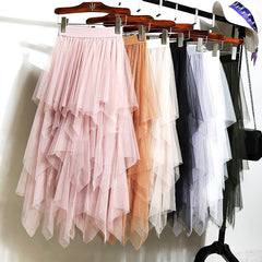 2019 Women Pink Skirt fashion Casual women's Irregular Tulle High Waist Pleated Tutu Ladies Midi Skirt fairy Plus Size Skirts