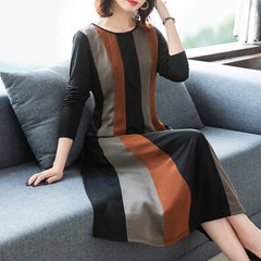 2019 autumn new contrast color printing long-sleeved A word dress female large size M-3XL high quality elegance vestidos