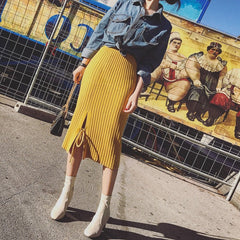 2019 autumn winter women new fashion elastic waist stretch knit skirt side split step skirt package hip Slim lace skirt