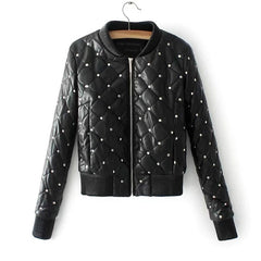 2019 otoño e invierno las mujeres Thicke algodón Pu chaqueta de cuero de la calle negro corto prendas de vestir exteriores remaches finas de imitación chaqueta de cuero