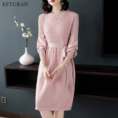 2020 Autumn New Lantern Long Sleeve Stretch Knitted Dress Bow Tie Up Pearl Beading Drill Elegant Pink Sweater Dresses Vestidos