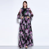 2020 Autumn Newest O-Neck Full Sleeve Bohemian Purple Tulip Print Expansion Temperament Ankle-Length Fashion Long Dress Women