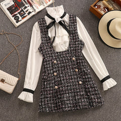 2020 Autumn Winter 2 Piece Set Overalls Dress Women Elegant Ruffles Chiffon Bow Shirt Top+Double Breasted Plaid Tweed Vest Dress