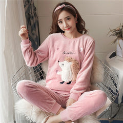 2020 Autumn Winter Women Pajamas Set Sleep Jacket Pant Sleepwear Warm Nightgown Female Cartoon Bear Animal Pants Sleepwear