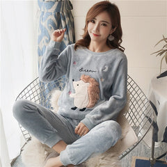 2020 Autumn Winter Women Pajamas Set Sleep Jacket Pant Sleepwear Warm Nightgown Female Cartoon Bear Animal Pants Sleepwear