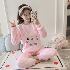 2020 Autumn Winter Women Pajamas Set Sleep Jacket Pant Sleepwear Warm Nightgown Female Cartoon Bear Animal Pants Sleepwear