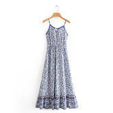 2020 Blue Floral Print Backless Sexy Strap Maxi Dress Summer Sleeveless Vintage Cami Vestidos Beach Boho Women Slip Party Wear