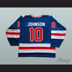 1980 Miracle On Ice Team USA Mark Johnson 10 Hockey Jersey Blue
