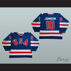 1980 Miracle On Ice Team USA Mark Johnson 10 Hockey Jersey Blue