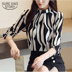 2018 new arrived fashion women blouse long sleeved printed women top stand collar blouses slim fit office lady blusa 0941 40
