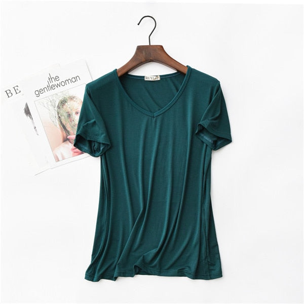 17 Colors! 2020 High Elastic V-neck Tshirt Women Summer Short Sleeve t-shirt  Female Cool Modal t shirts  Free Dropshipping 323